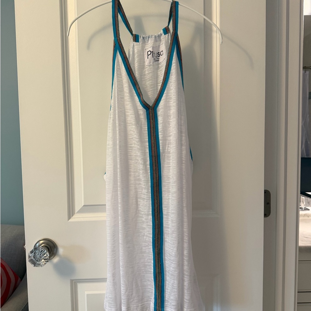Pitusa White Mini Beach Dress and/or Cover-Up with Turquoise Trim
